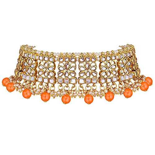 Image of Aheli Elegant Indian Faux Kundan Studded Choker Necklace with Maang Tikka Set Ethnic Wedding Wear Bharatanatyam jewellery set Gift for Women