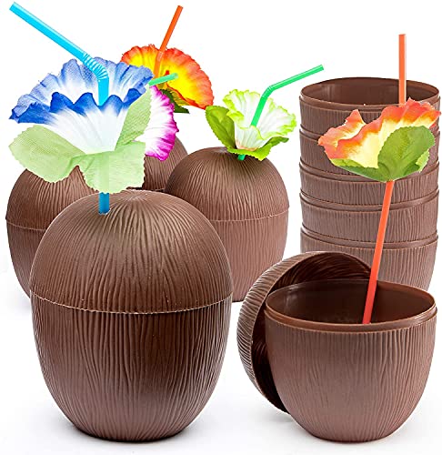PREXTEX Coconut Cups with Flower Straws & Twist Close Lids (12 Pack, 16oz) for Luau Party Decorations, Pool Parties, Tropical Tiki Parties, Summer, Hawaiian Themed Party Decorations