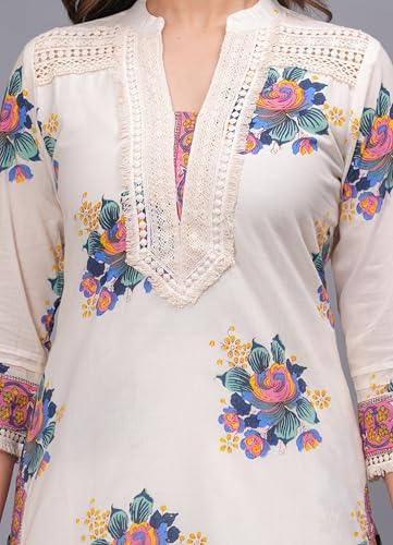 Image of Amayra Women's Pure Cotton Printed Straight Kurta Set with Palazzo Pants & Dupatta- Ethnic Wear, White