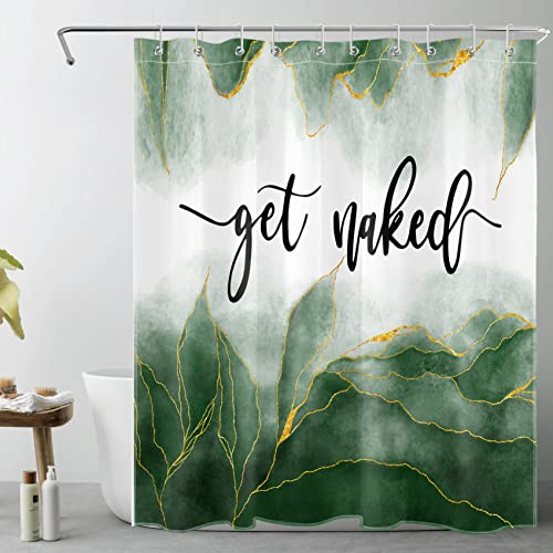 LB Green Marble Shower Curtain Black Funny Quote Get Naked Shower Curtains for Bathroom Gold Striped Abstract Polyester Anti Mould Waterproof Small Bath Curtain Set including Hooks,59x71 inches