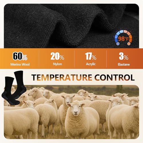 Merino Wool Hiking Crew Socks Thermal Warm Winter Boot Sock For Men & Women, Cushioned Anti-Blister - 3 Pairs4