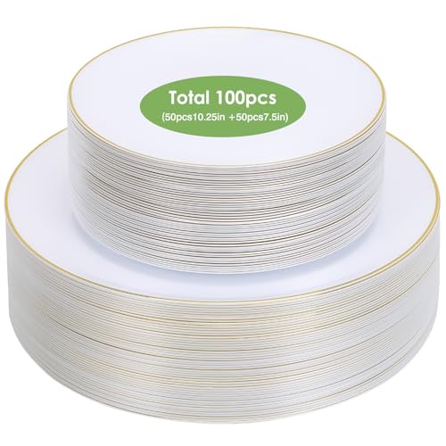 Moretoes 100PCS White Gold Plastic Plates Disposable Party Plates White with Gold Rim 10.25inch Dinner Plates and 7.5inch Dessert Salad Plates Heavy Duty Plates for Wedding Party and Birthday