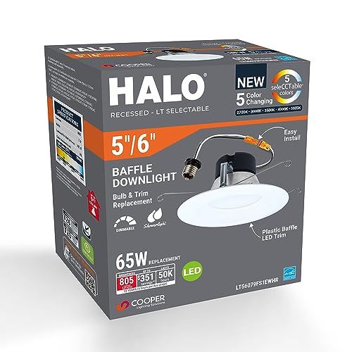 Image of HALO 5 inch / 6 inch LED Recessed Light Trim 750 Lumens Dimmable Baffle Can Light with 5 Color Temperatures for Ceiling Indoor Outdoor Shower LT56079FS1EWHR