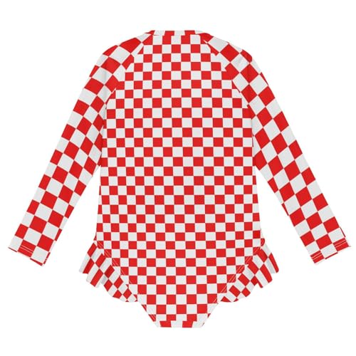 Girls One Piece Swimsuits Long Sleeve Swimsuit Zipper Bathing Suits Red White Checkered Buffalo Plaid2
