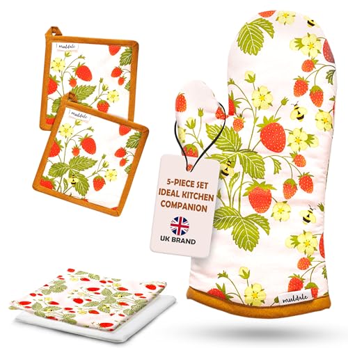 Muldale Oven Mitt and Kitchen Towel Set - Somerset Strawberry Dish Towels and Pot Holders - 5 Pack - Textiles Decor Accessories - Kitchen Mittens