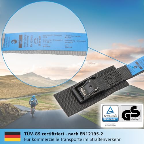 valonic ANT - 4X 35cm Kurze Spanngurte für Fahrradträger, gepolstert, Blaue Fahne, TÜV Rheinl. / GS Zertifiziert, Spanngurt mit Klemmschloss, schwarz - für Dachbox, Fahrrad, Bike, Zurrgurt