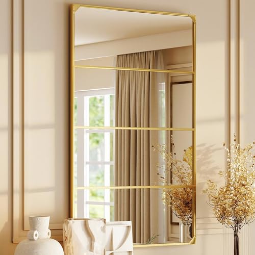 HOMCOM Miroir Mural verrière rectangulaire Style Industriel, Horizontal ou Vertical avec 4 Crochets, en métal doré - 109 x 69 cm