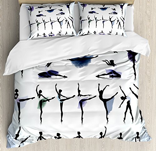 Ambesonne Art Duvet Cover Set, Female Ballet Dancers Performing Arts Black Silhouettes...