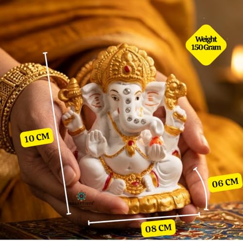 Image of Marble Finish Lord Ganesh Idol for Home Temple | Ganpati Bappa Murti with Stone Work | Ganesh Ji Statue for Puja Room, Office Desk, Car Dashboard | Diwali Gift, Housewarming Decor
