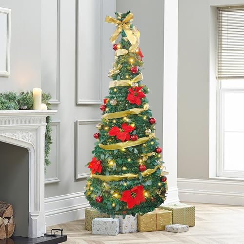 Dc Diclasse 6Ft Collapsible Christmas Tree, Pre-Decorated Xmas Tree With 200 Warm Lights, Pop Up Christmas Tree With Gold And Red Balls cover