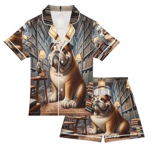 ALAZA Bulldog Bookshelf Library Bookworm Satin Pajamas Set Short Sleeve Button Down Sleepwear Summer Pjs 2 Piece