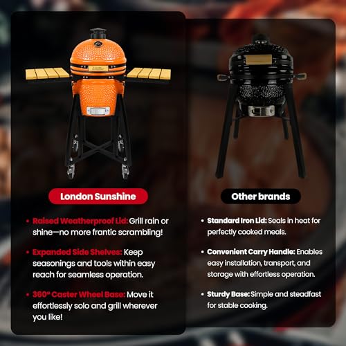 Image of London Sunshine 15-inch Ceramic Kamado Charcoal BBQ Grill & Smoker with Locking Casters, Foldable Side Shelves, Stainless Steel Grates, and Tall Stand (Orange)