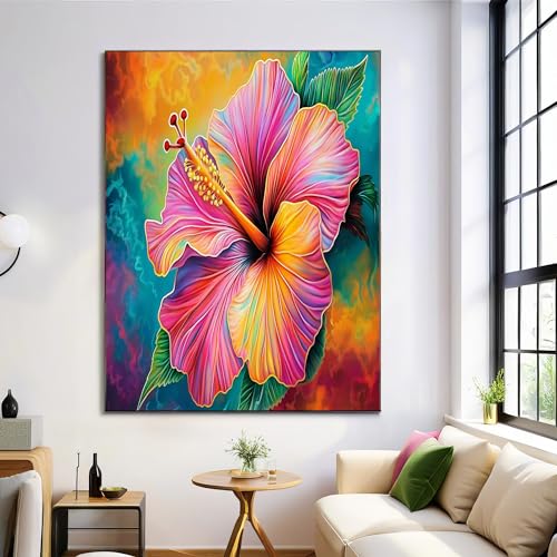 GDJSMIN Flores De Hibisco Coloridas Paneles Decorativos para Pared,Decoracion Hogar, Cuadros Decoracion Salon Estilo Artístico Realista,Cuadro Habitacion, Decoracions Pared, (30×40 cm, Rosa)