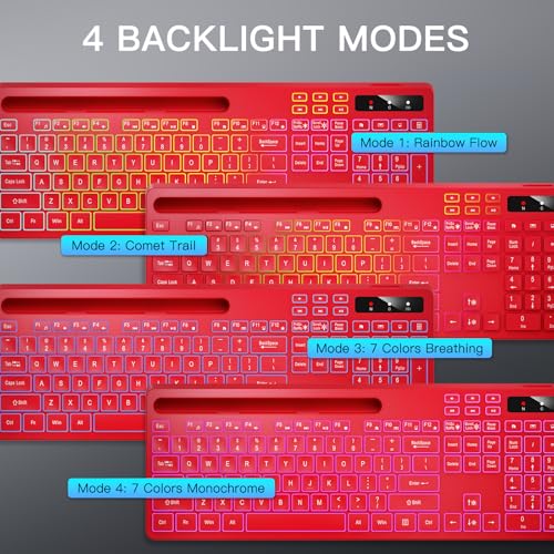 Image of Soueto Wireless Keyboard with 7-Color RGB Backlit, Full-Size Computer Keyboard with Phone Tablet Holder, 2.4G Rechargeable Gaming Keyboard with Light Up Keys, Compatible with Mac, Windows (Red)