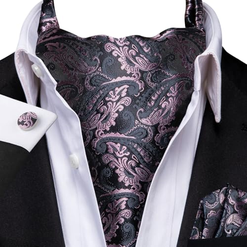 Image of Hi-Tie Silk Ascot for Men Self Tie Men's Cravat and Flower Lapel Pin Handkerchief Cufflinks Set for Wedding Party