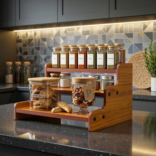 Image of Craftland 3-Tier Spice Rack, Spice Storage Holder, Kitchen Pantry Cabinet Organizer Cupboard, Wood Step Shelf Countertop for Spice Bottles, Jars, Seasonings, Baking Supplies
