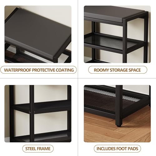 Image of Shoe Rack Bench with Seat | Metal Shoe Organizer Storage Rack for Hallway Bedroom Living Room with Comfortable Seat Cushion (Grey)
