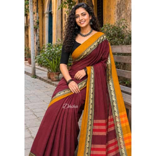 Image of Narayanpet Pure Cotton Avani Border Saree for Women with Running Blouse | Tassels | Traditional Woven Solid Design | Handloom Weave