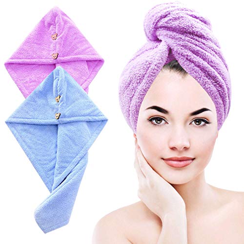 Microfiber Hair Towel Two Layers Turban Wrap YANJIE Super Absorbent Shower Head Towel Hair Caps with 2 Buttons,Quick Dryer Hat,Bathing Wrapped Cap for Women Girls Mom Daughter(Blue&Purple)
