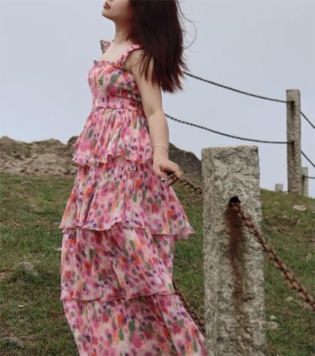 Women's Bohemian Summer Floral Printed Ruffle Pleated Halter Dress Beach Vacation Cute Pink Dresses4
