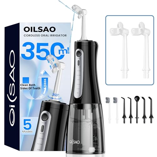 Cordless Water Flosser for Teeth Cleaning Pick, U-Shaped Flossing Head for 360° Deep Clean, 5 Modes & 9 Jet Tips, IPX7 Waterproof, Rechargeable & Portable Oral Irrigator for Travel, 350ML Large Tank