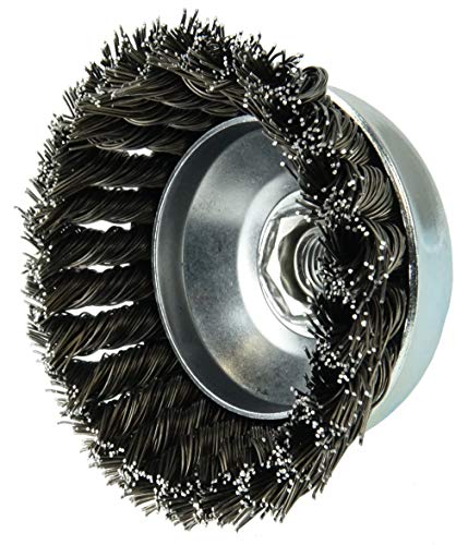 Image of Weiler 36244 Wolverine 4 inch Knot Wire Cup Brush, 0.025 inch Steel Fill, 5 /8 inch-11 UNC Nut, Made in the USA