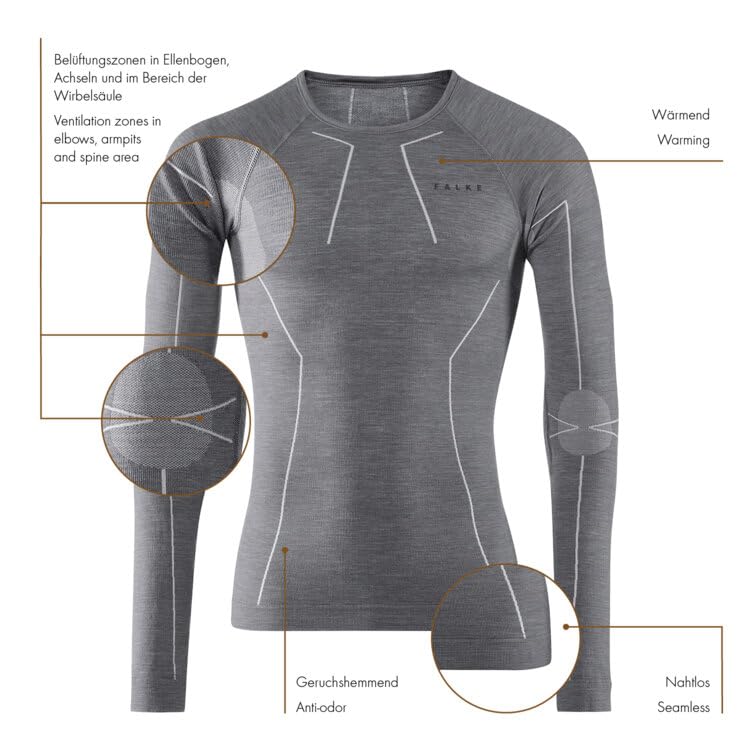 Falke Men Standard Wool Tech Long Sleeve, Grey (Grey-Heather 3757)