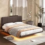 Christopher Knight Home Queen Size Floating Bedframe, Upholstered Bed Frame with Headboard, Faux Leather Platform Bed, Modern Design with LED Lighting, Easy Assembly, No Boxing Spring Needed, Coffee
