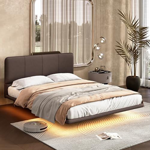 Christopher Knight Home Queen Size Floating Bedframe, Upholstered Bed Frame with Headboard, Faux Leather Platform Bed, Modern Design with LED Lighting, Easy Assembly, No Boxing Spring Needed, Coffee