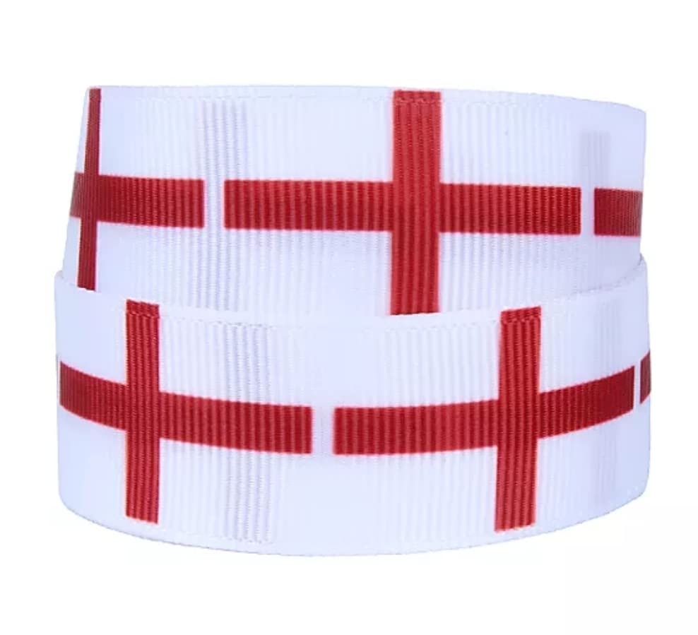 Grosgrain Printed Ribbon England St Georges Flag Red & White Cross Cake Topper 2 Metres Length x 25 Millimetres Width Birthday Party Football