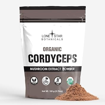 Lonestar Botanicals Organic Cordyceps Mushroom Extract Superfood Powder, 100g 2.52oz, Vegan, Non-GMO, Gluten-Free, USDA Organic