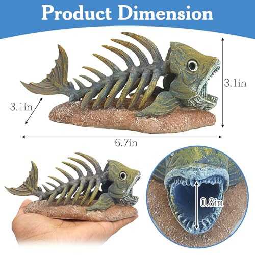 Image of kathson Fish Tank Decorations Resin Piranha Skeleton Aquarium Decor Reptile Tank Accessories Ornament Fish Bone Hideout for Shrimp Lizards Geckos Spiders