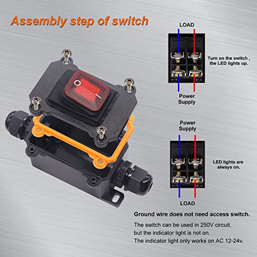 Weideer K-062-KCD4-201N-R-W-12V-LS 12V Switch Ip67 Waterproof Inline Cord Switch On/Off 30A 24V/12 Volt Red Led Inline Power Lamp Rocker Toggle Switch Outdoor Switch thumb #2