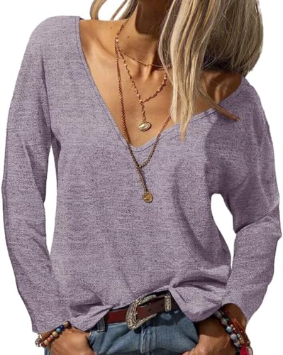 Fisoew Damen Langarmshirt Sexy Oberteile mit V-Ausschnitt Oversized Basic...