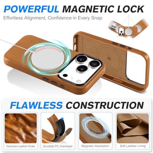 Image of SHIELDON Genuine Leather Case for iPhone 17 Pro 6.3 inch, Retro Light Brown | for MagSafe, Magnetic Wireless Charging, Camera Button, Metal Buttons, Camera Bezel, Non-Slip, Shockproof, Anti-Scratch, Slim