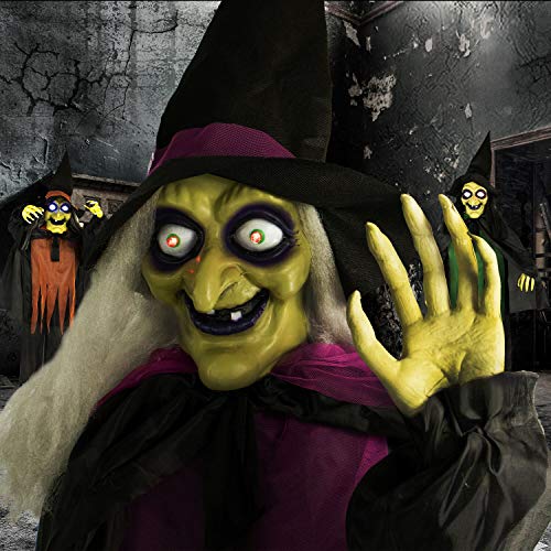 Haunted Hill Farm Life-Size Scary Talking 3 Witches with Cauldron Halloween Animatronic, Indoor or Covered Outdoor Poseable Halloween Decorations with Light up Eyes and Sound, Battery Operated