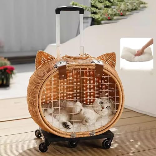 kiwet 籐製ペットキャリー ペットバッグキャスター付き 猫 猫用 キャリー カート 犬 小型犬 ペットキャリーケース 折り畳み 取り外し可能な車輪 ドライブ 旅行 通院 防災 避難用 (A)