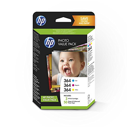 HP 364 T9D88EE, Paquete de Ahorro Fotográfico, Pack de 3 Cartuchos de Tinta Originales, Cian, Magenta y Amarillo, y 50 hojas de papel fotográfico, para impresoras HP Photosmart C5380, C6380 y D5460