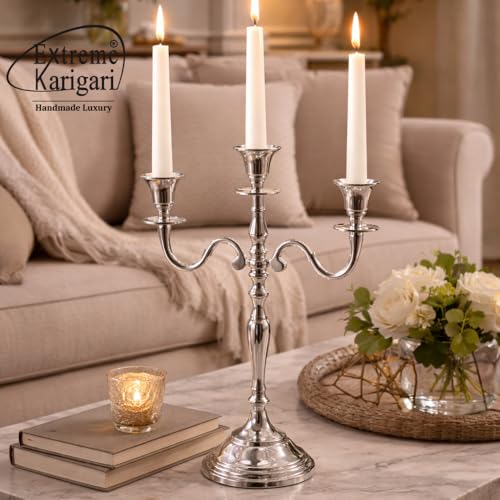 Image of 3 Arm Silver Candelabra Candle Holder | 16 Inch Tall Metal Candlestick Stand | Electroplated Finish | Dining Table, Living Room & Wedding Decor | 11.5 x 4.75 x 16inch