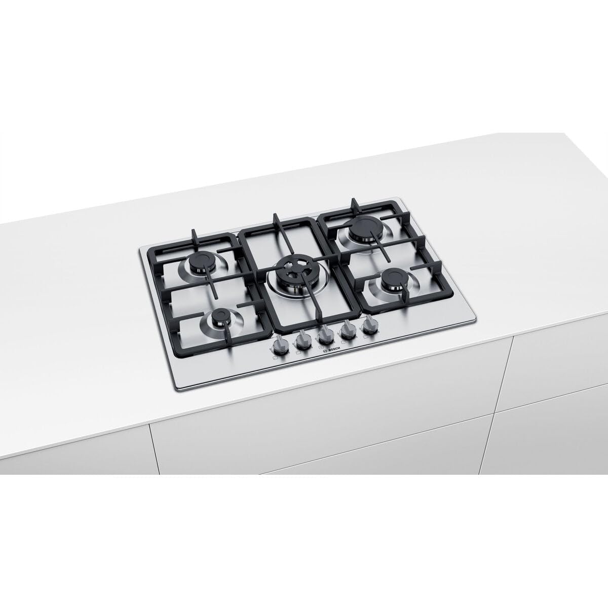 Bosch PGQ7B5B90 Serie 4, Piano cottura a gas, Bruciatore WOK: potenza fino a 3.3 kW, griglie in ghisa, Acciaio, 75 cm
