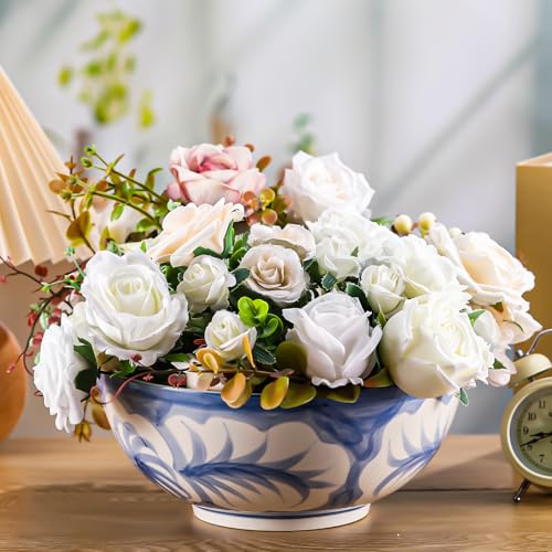 Image of Maxdot Blue and White Chinoiserie Pasta Bowl 10 X 10 X 5 Inche | Hand Painted Stoneware, Floral Chinoiserie Design, Pasta Salad Bowl, Decorative Dinnerware for Kitchen Centerpiece