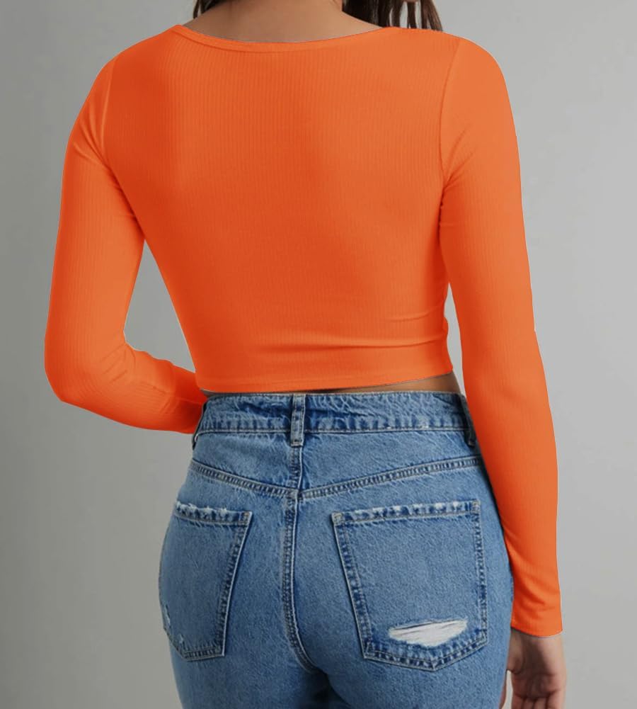 Artfish Women's Long Sleeve Scoop Neck V Notch Ribbed Slim Fitted Casual Basic Crop Top - Image 2