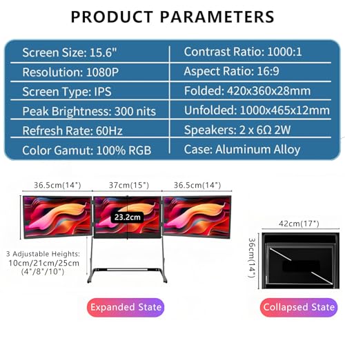 Image of 15.6 inch FHD 1080P Triple Lightweight Monitor,for 13.6 inch - 17.3 inch Laptops,Type-C /HDMI /USB-C Plug-Play,Compatible with Win Mac Chrome Android Switch