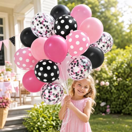 Image of TONIFUL 100 Pack Black and Pink Polka Dot Latex Balloons for Girl's Birthday Bachelorette Bridal Baby Shower Graduation Engagement Girls Night Rock Party Decor