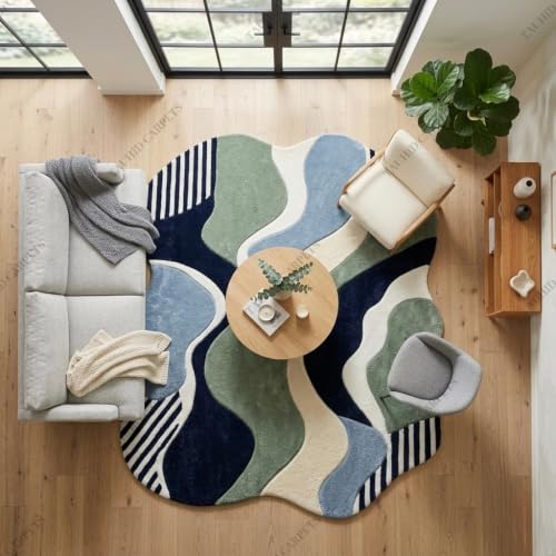 Image of Tauhid Carpet Super Soft Microfiber Shaggy Area Rug | Modern Irregular Abstract Blue, Green & White Plush Carpet | Fluffy Floor Rug for Living Room, Bedroom 6 x 8 Feet.