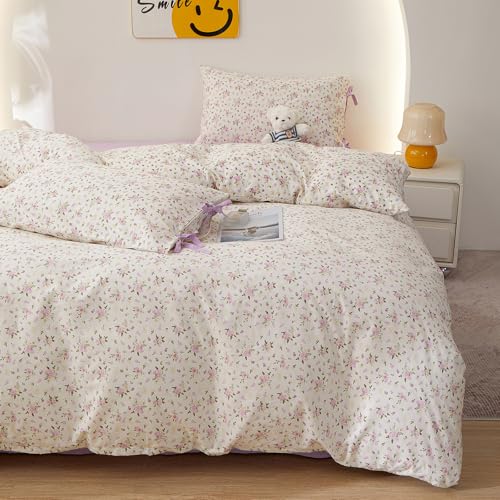 Image of LifeTB Floral Cottagecore Comforter Set Queen, 3 Pieces Vintage Flowers Comforter Coquette Aesthetic Bedding Set for Girls Teen Women, Soft Lightweight Botanical Comforter with 2 Bow Ties Pillowcases