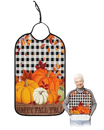 Pumpkins Fall Adult Bib for Eating with Crumb Catcher,Washable & Waterproof Terry Cloth Adjustable Elderly Women Men Bibs Funny Clothing Protector Thanksgiving Farmhouse Black White Buffalo Plaid