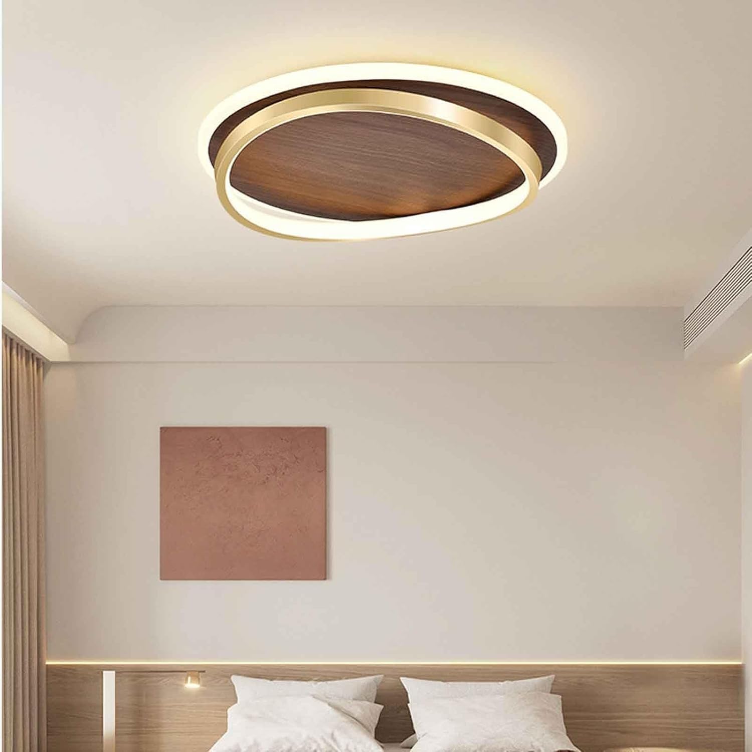 Mid Century Farmhouse LED Ceiling Light Fixture - Wood Grain Finish Semi Flush Mount with Gold Ring for Living Room, Bedroom, Kitchen, and More(Large)