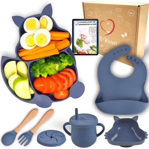 Ti Koeur Set Vaisselle Silicone Repas Bébé, 6 pcs assiette ventouse pour bébé avec compartiment, bol ventouse pour bébé, bavoir, verre, cuillere bebe 1er age, fourchette, coffret naissance, Ebook DME