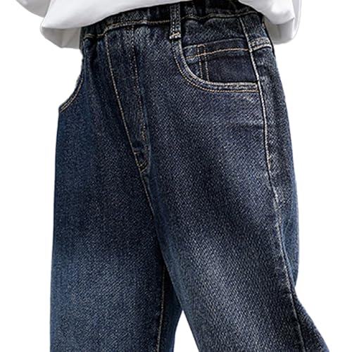 Boys Baggy Jeans, Dark Wash Denim Trousers, Loose Fit Kids Pants with Back Pocket Lettering & Cuffed Bottoms4